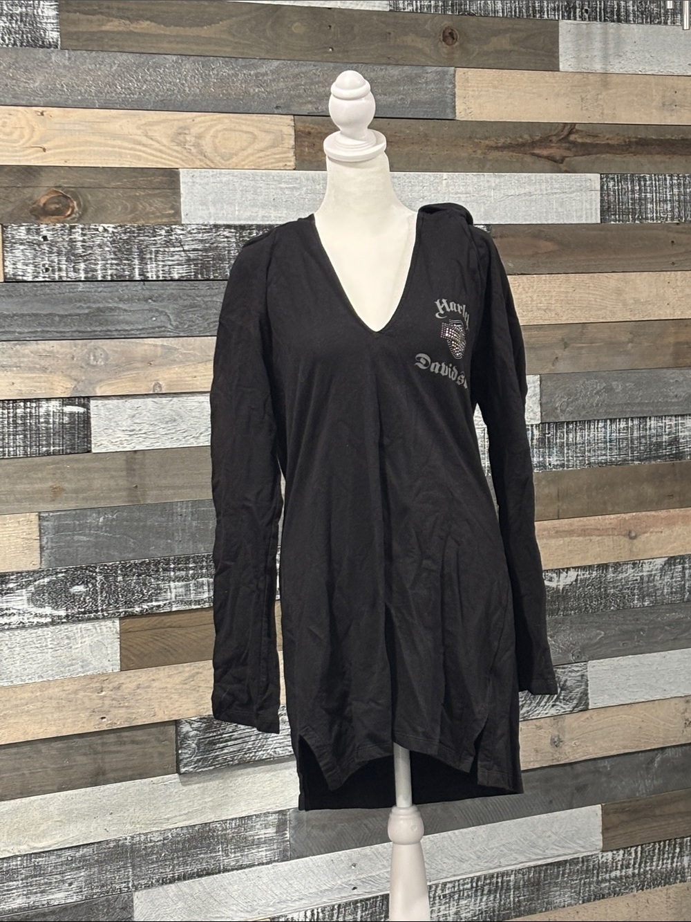 Harley-Davidson Black Women's Long-Sleeve V-Neck Tunic with Hood